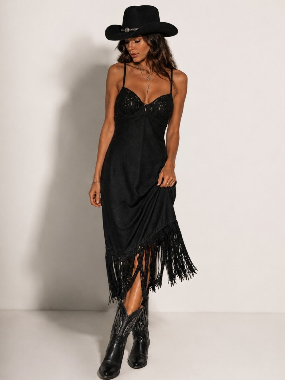 H&M Linen Blend Crochet Fringe Midi Dress Black Women's 2XL Boho Festival